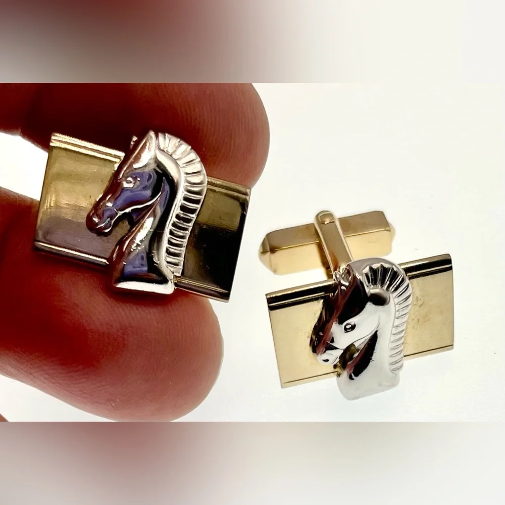 Vintage Signed Swank Horse Cufflinks Silver and Gold Tone Knight Equestrian